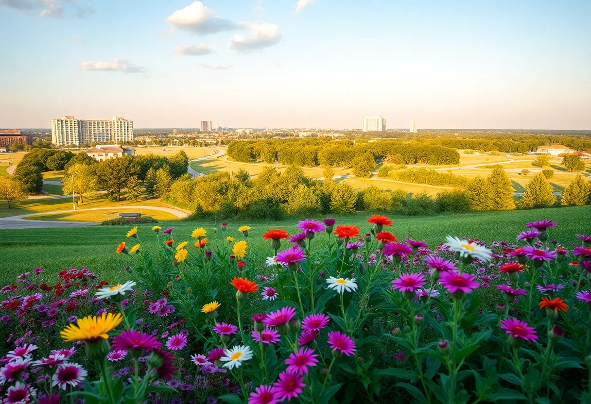 Scenic view of Flower Mound wildflowers with Sugar Land skyline in the background