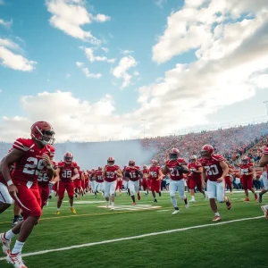 A vibrant college football field with players in action