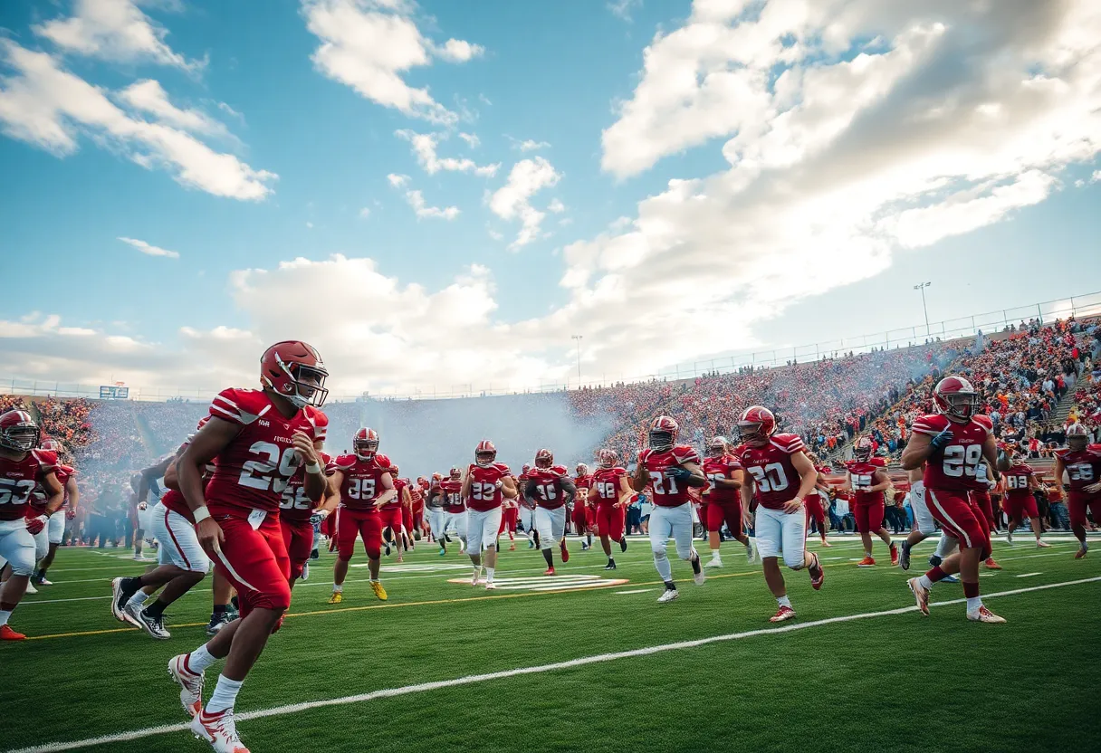 A vibrant college football field with players in action