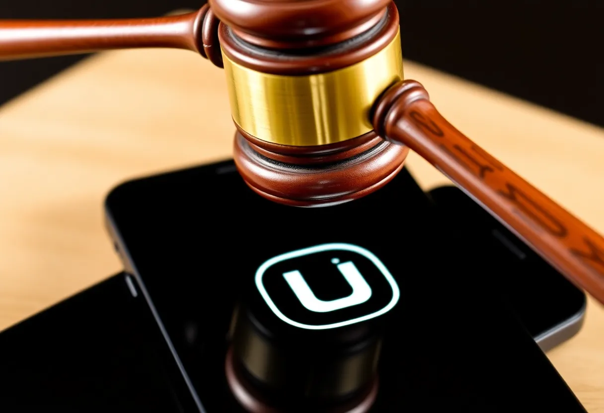 Graphic of gavel and smartphone with Uber logo