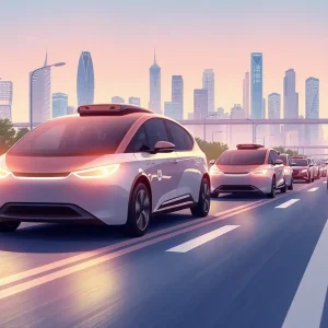 Illustration of autonomous vehicles navigating a modern city
