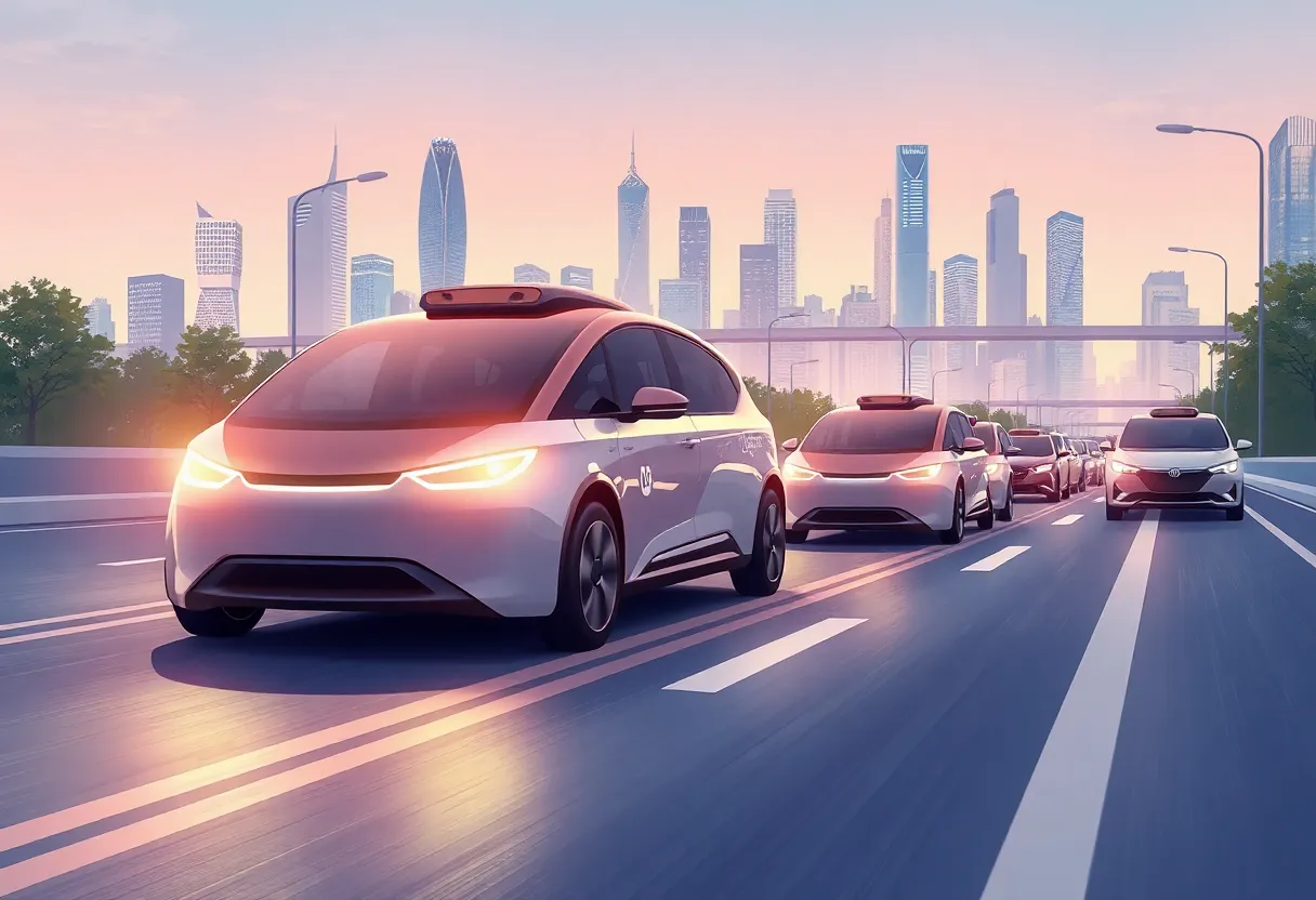 Illustration of autonomous vehicles navigating a modern city