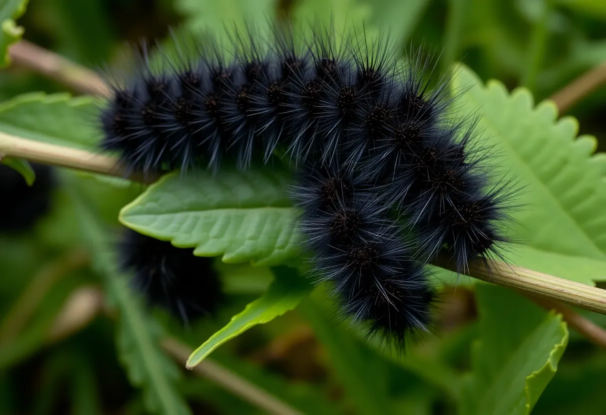 Fuzzy black saltmarsh caterpillar on a green leaf