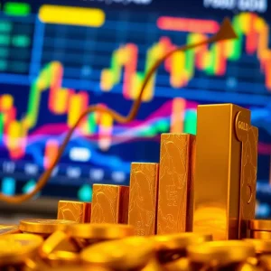Visual representation of rising gold prices alongside trade symbols