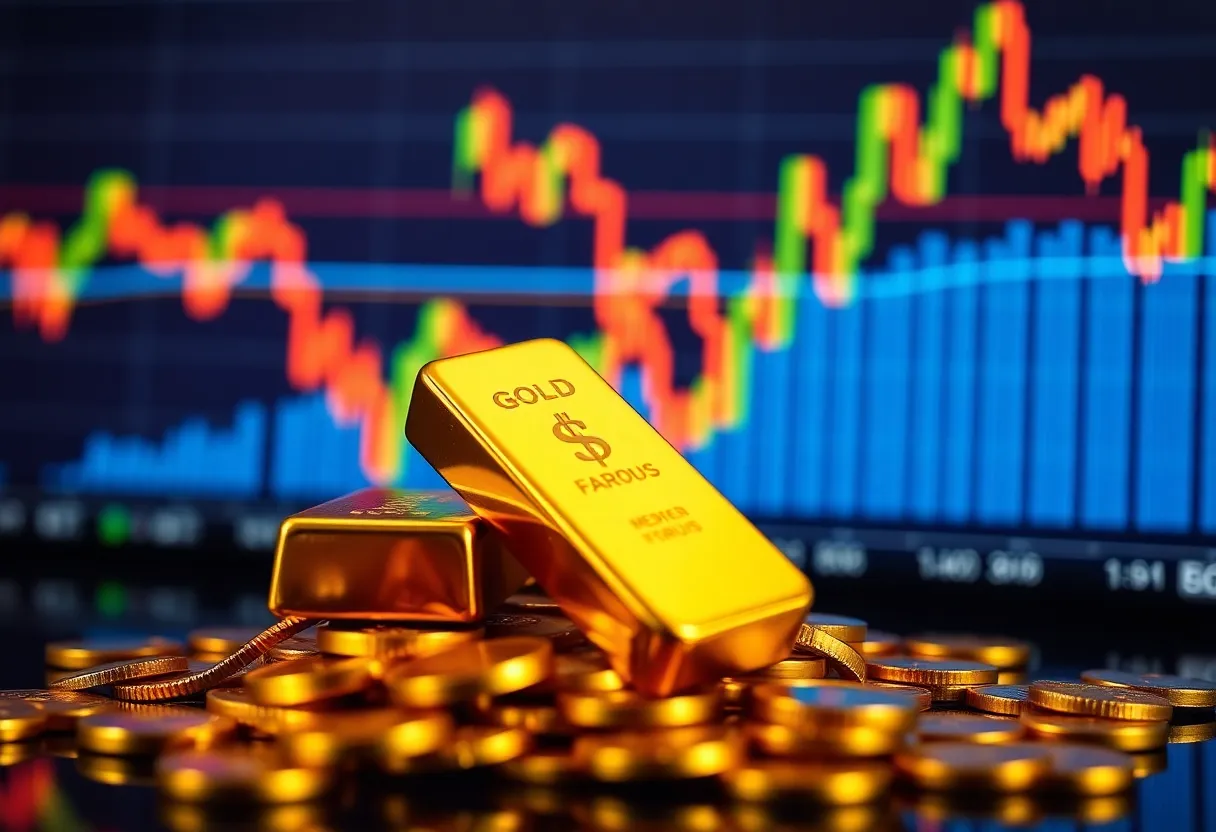 Gold bars with fluctuating market graphs in the background