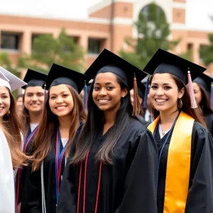 Diverse students celebrating graduation outdoors in Houston
