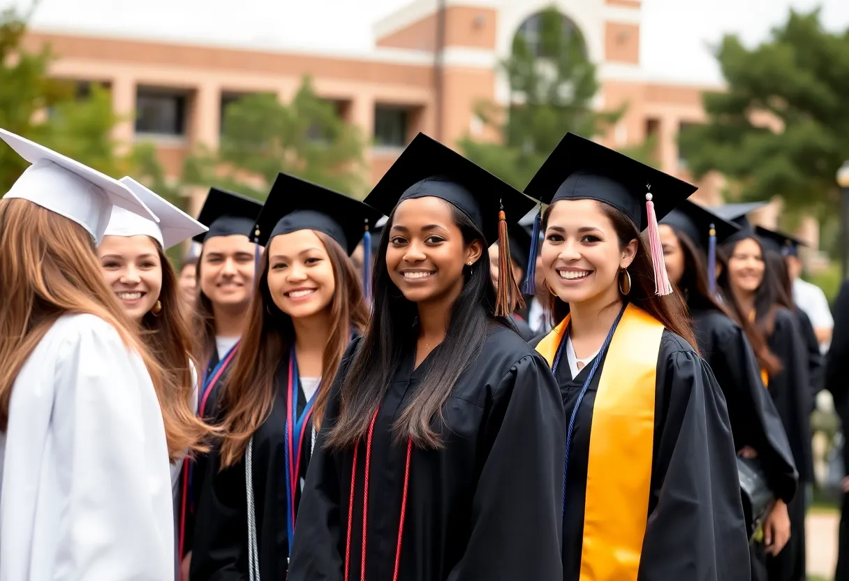 Diverse students celebrating graduation outdoors in Houston