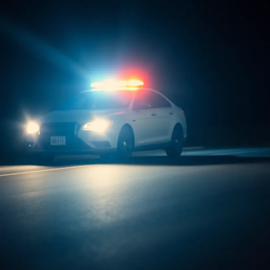 A police car at night during a high-speed chase