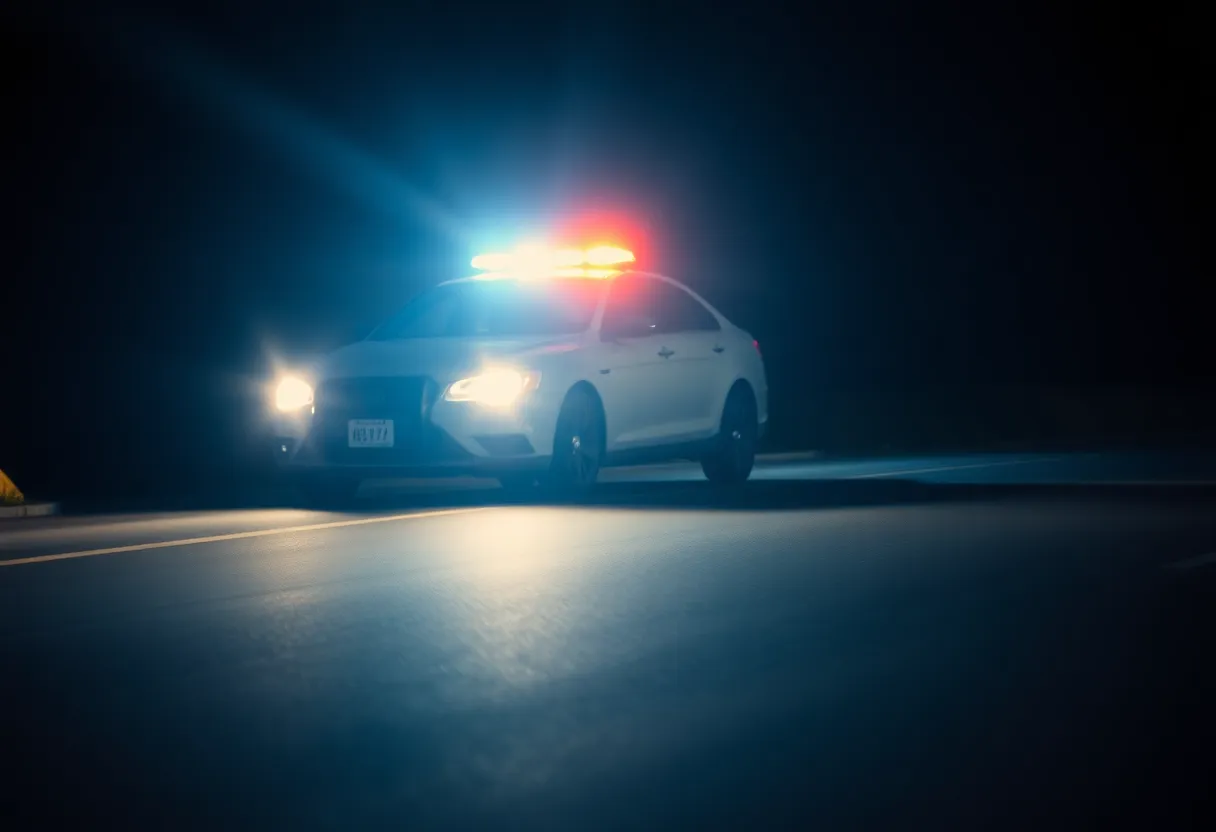 A police car at night during a high-speed chase