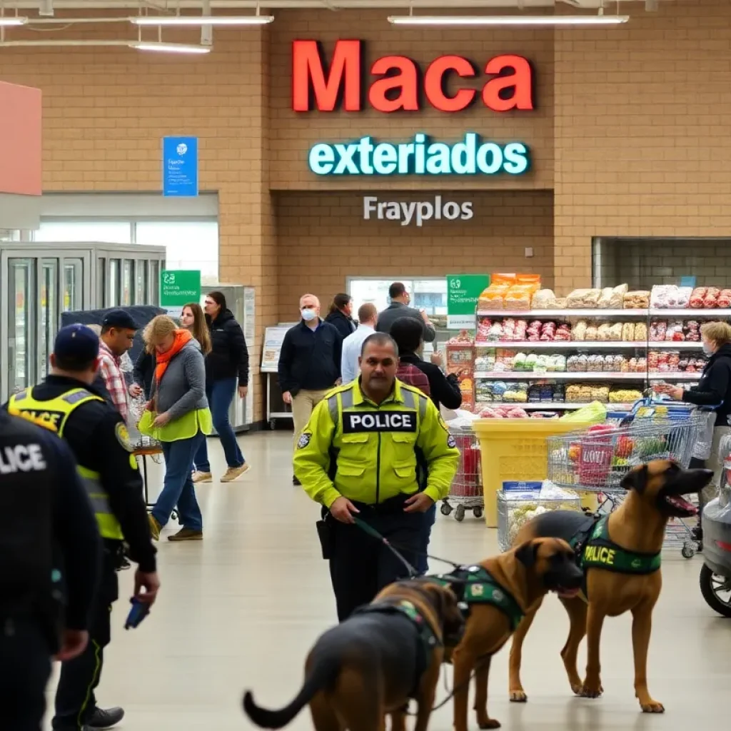 Evacuated H-E-B grocery store with police officers and K-9 units present.