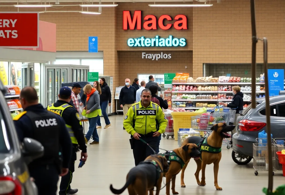 Evacuated H-E-B grocery store with police officers and K-9 units present.