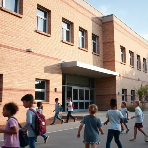 Exterior view of a Houston Independent School District building with students in the foreground