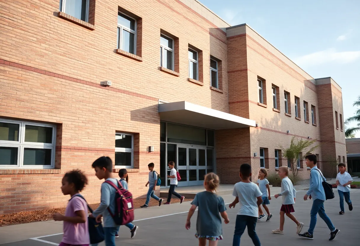 Exterior view of a Houston Independent School District building with students in the foreground