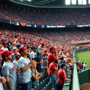 Fans in a packed baseball stadium showing support for their teams in Houston.