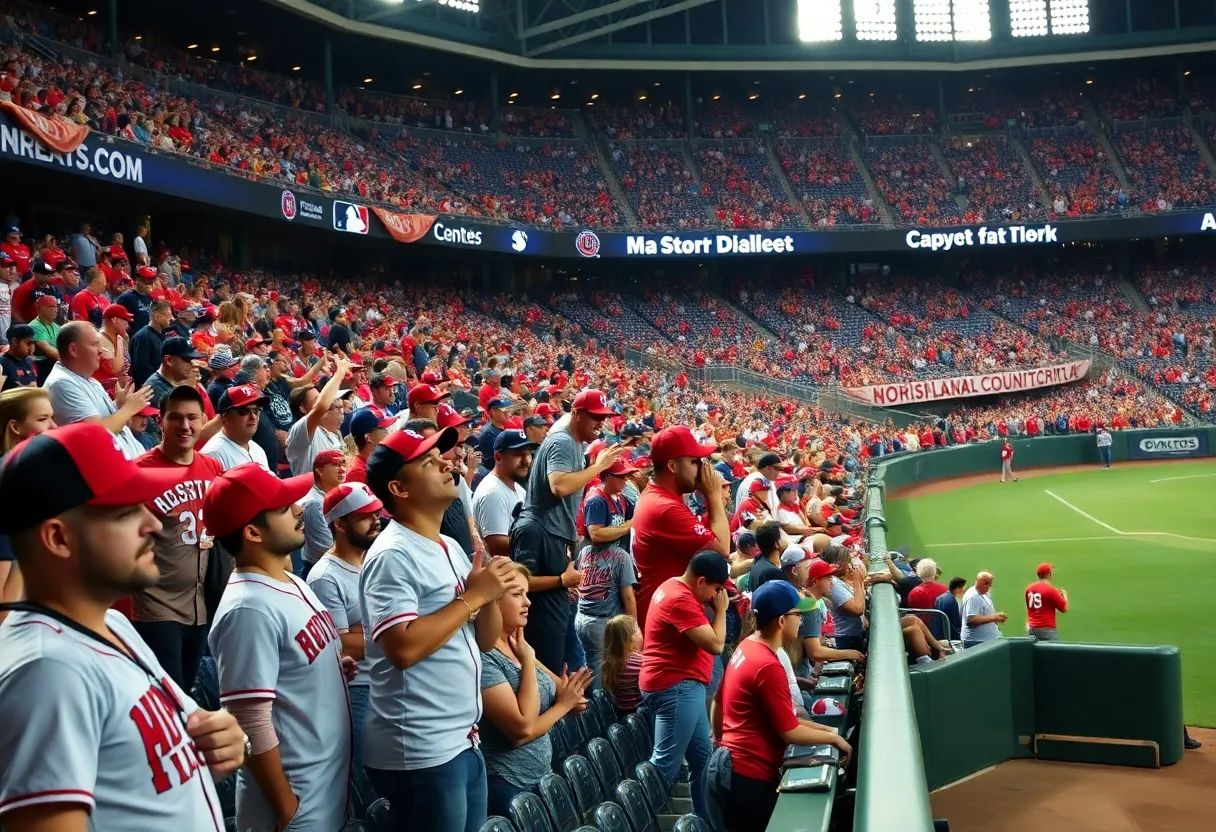 Fans in a packed baseball stadium showing support for their teams in Houston.