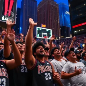 Fans celebrating and cheering for a Houston basketball team during championship game