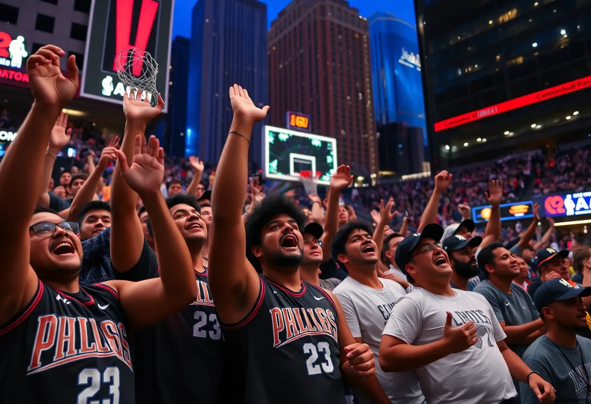 Fans celebrating and cheering for a Houston basketball team during championship game