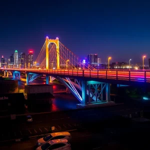 Colorful lights illuminating a bridge in Houston at night