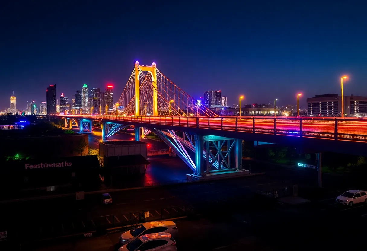 Colorful lights illuminating a bridge in Houston at night