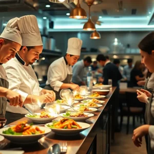 Chefs preparing dishes in a bustling restaurant environment