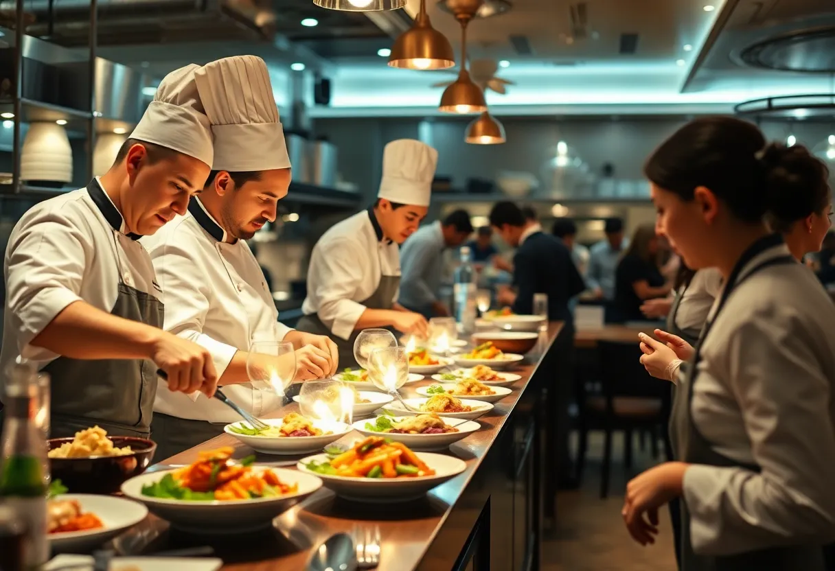 Chefs preparing dishes in a bustling restaurant environment