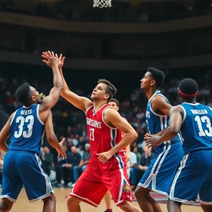 Houston Cougars basketball players celebrating on the court