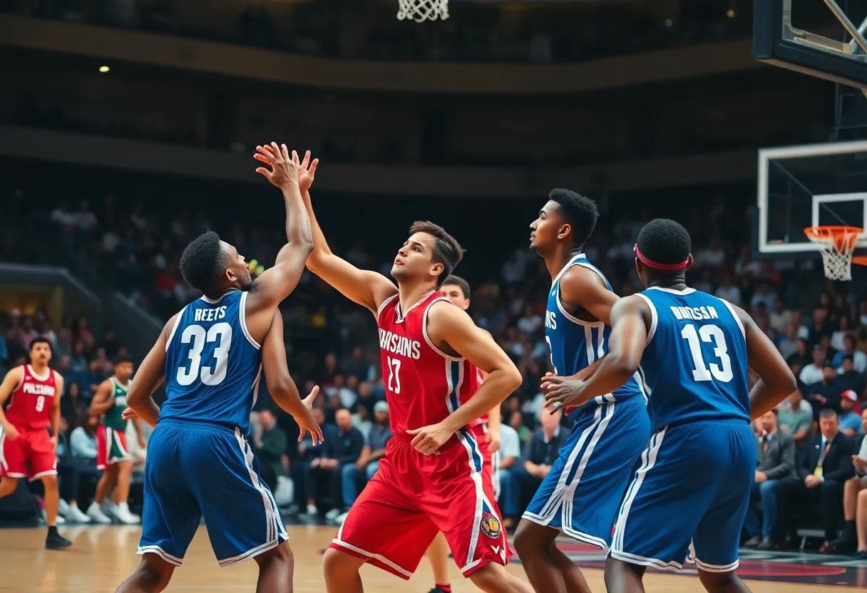 Houston Cougars basketball players celebrating on the court