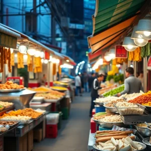 Diverse food stalls in Houston showcasing colorful dishes.
