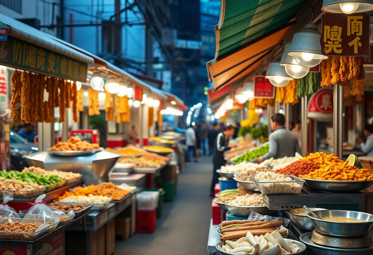 Diverse food stalls in Houston showcasing colorful dishes.