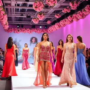 Fashion show participants showcasing elegant designs in a luxurious venue.