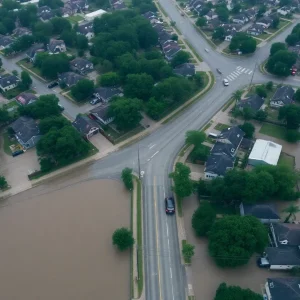 Aerial view of flooded areas in Houston after Tropical Storm Beryl