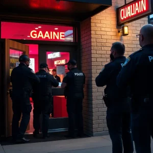 Law enforcement officers conducting a raid on an illegal game room in Houston.