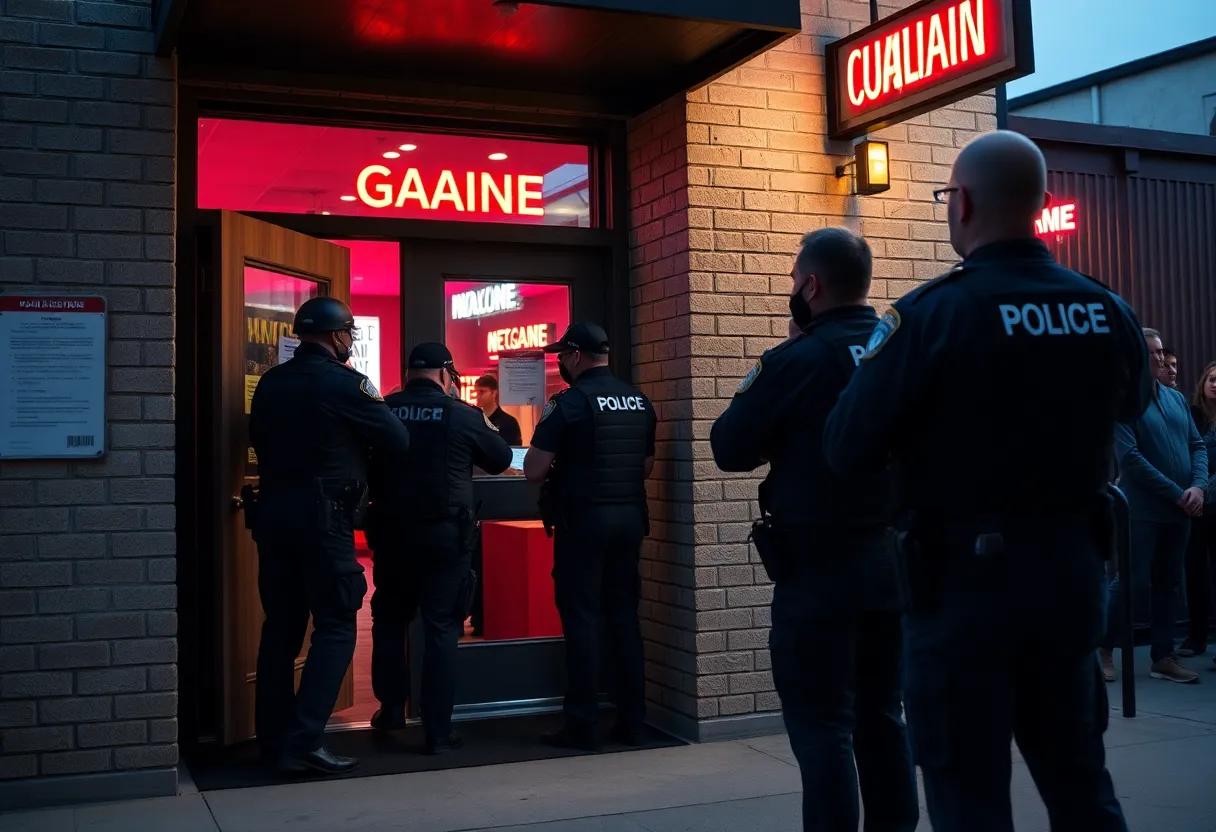 Law enforcement officers conducting a raid on an illegal game room in Houston.
