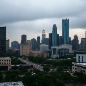A cityscape of Houston depicting a sense of mourning and community support.