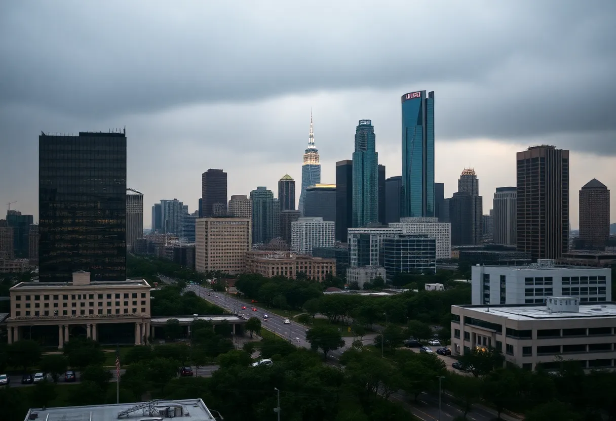 A cityscape of Houston depicting a sense of mourning and community support.