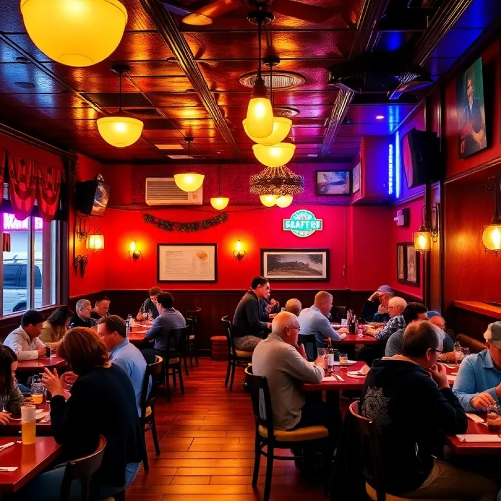 Interior of a cozy restaurant with diners enjoying meals on a rainy day in Houston