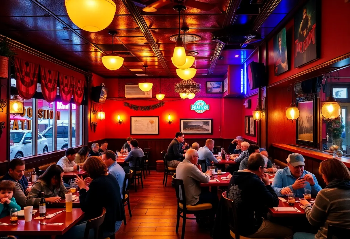 Interior of a cozy restaurant with diners enjoying meals on a rainy day in Houston