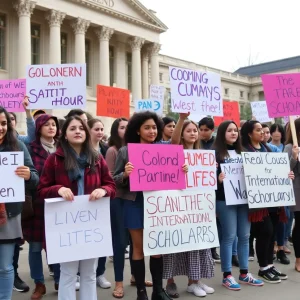 Students gathered for a rally to support international scholars facing visa issues in Houston.