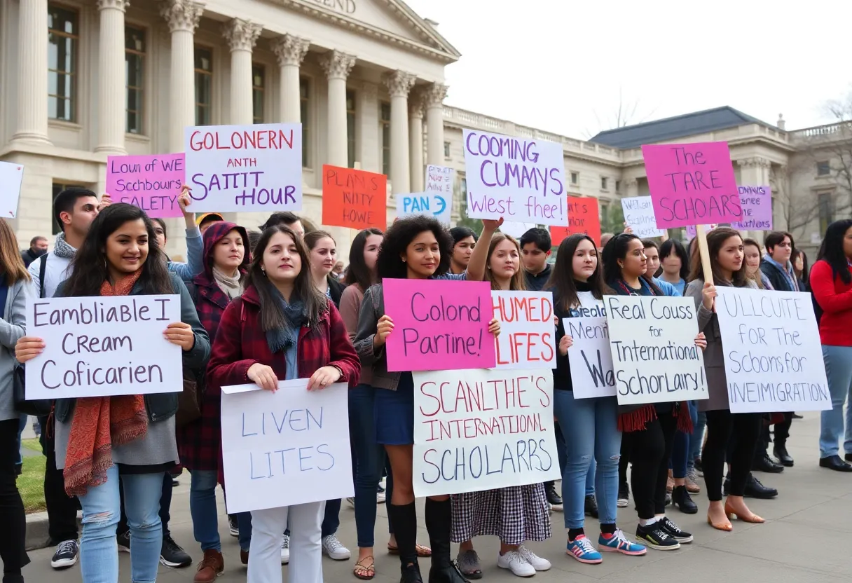 Students gathered for a rally to support international scholars facing visa issues in Houston.