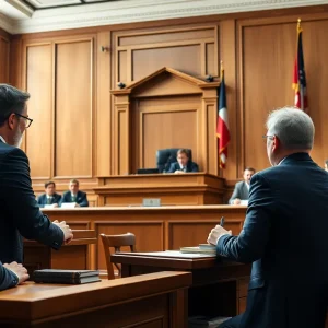 A courtroom with jurors and lawyers discussing a pivotal bribery case