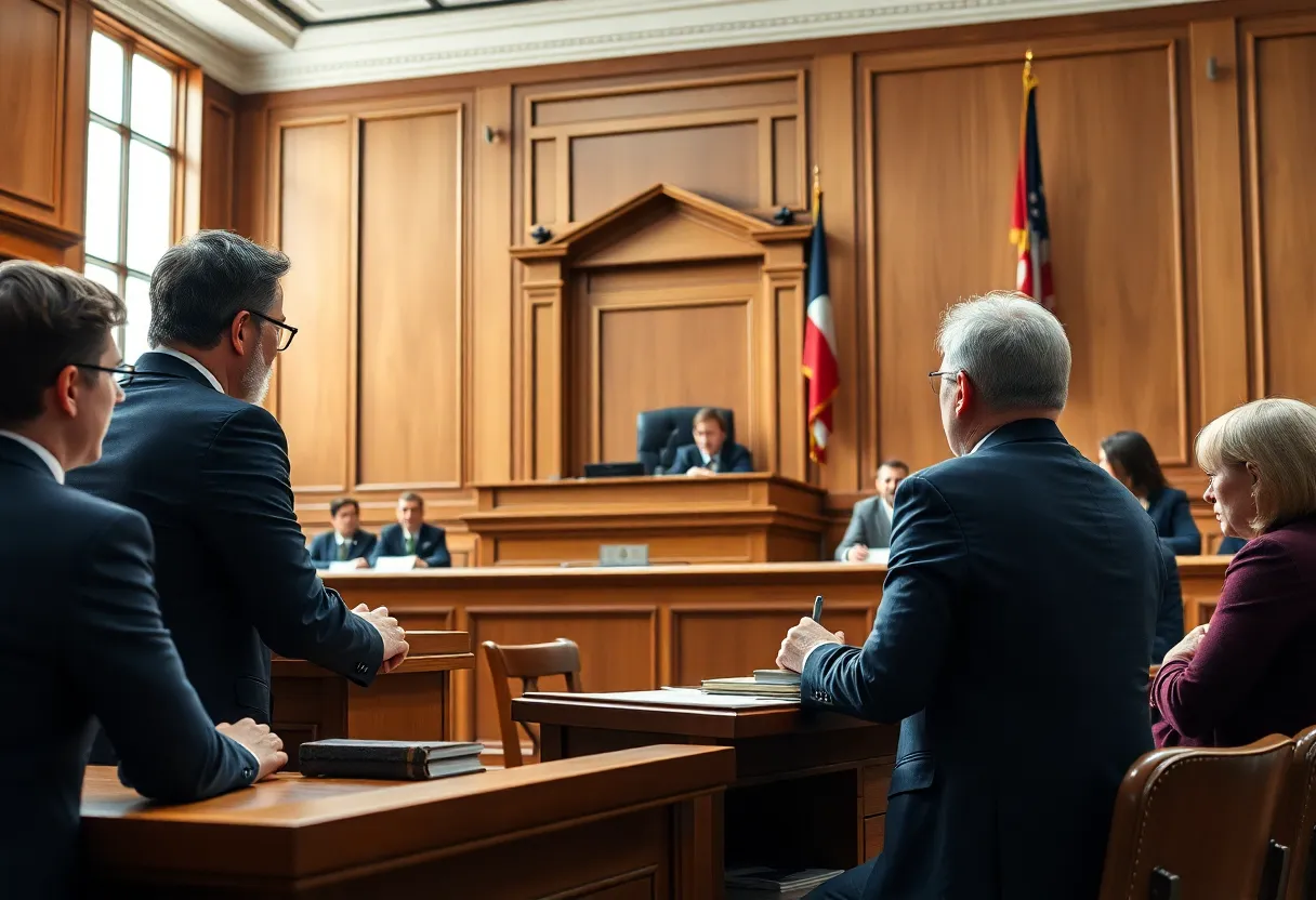 A courtroom with jurors and lawyers discussing a pivotal bribery case