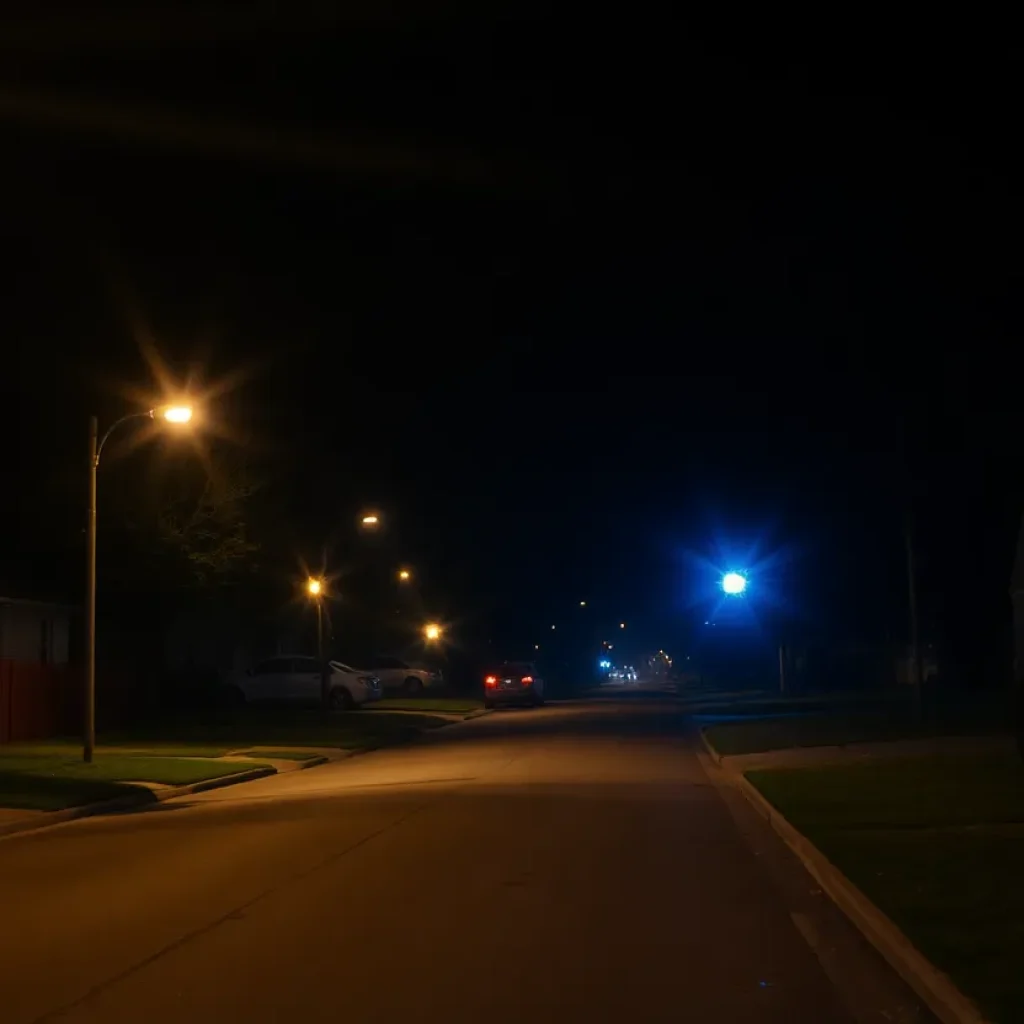 Police lights flashing in a Houston neighborhood at night