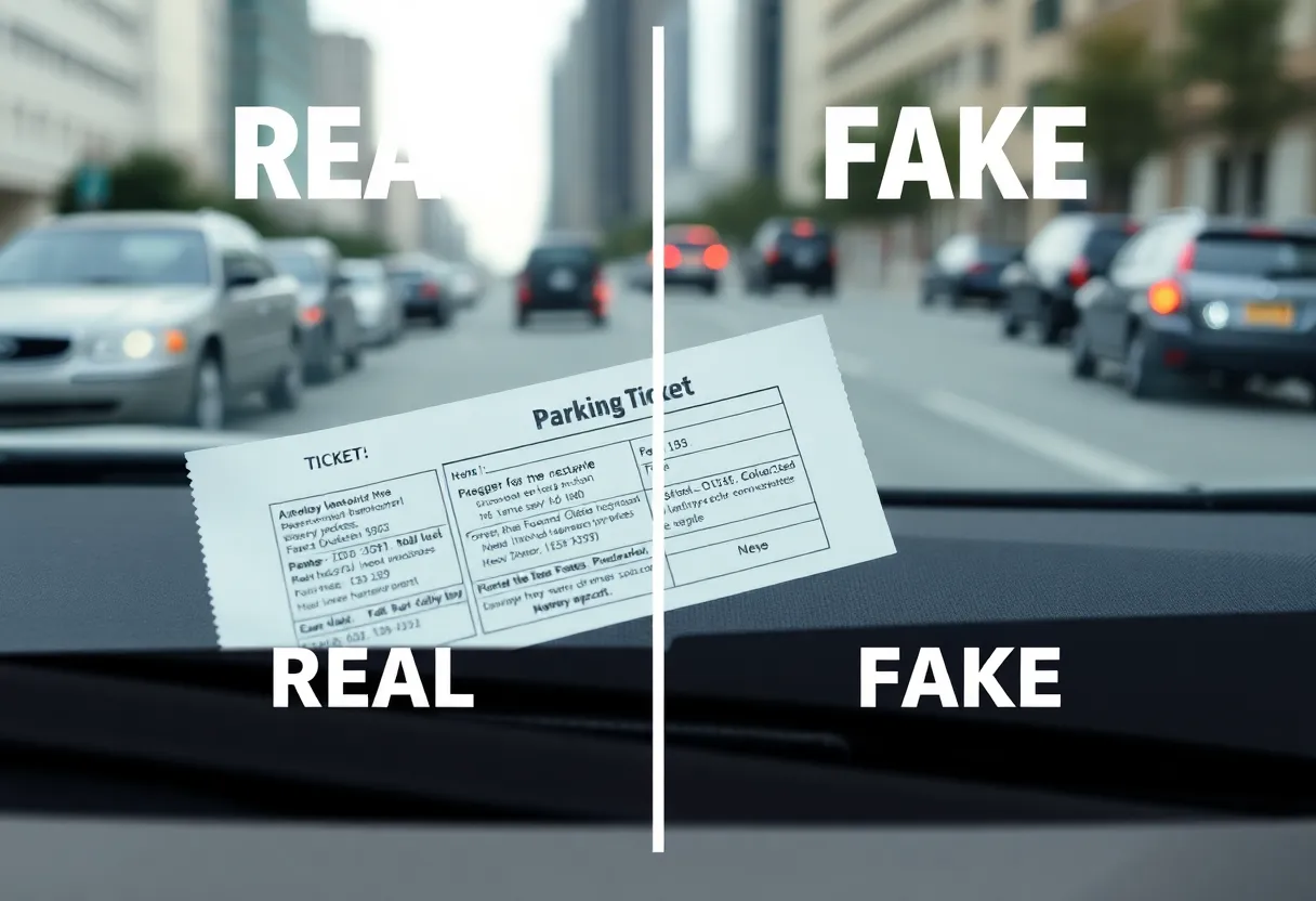 Comparison of a real and fake parking citation on a car in Houston
