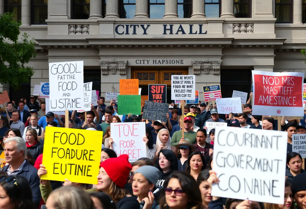 Crowd protesting at City Hall in Houston against federal funding cuts