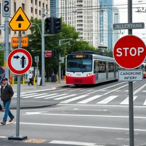An urban railway crossing with warning signage and pedestrians