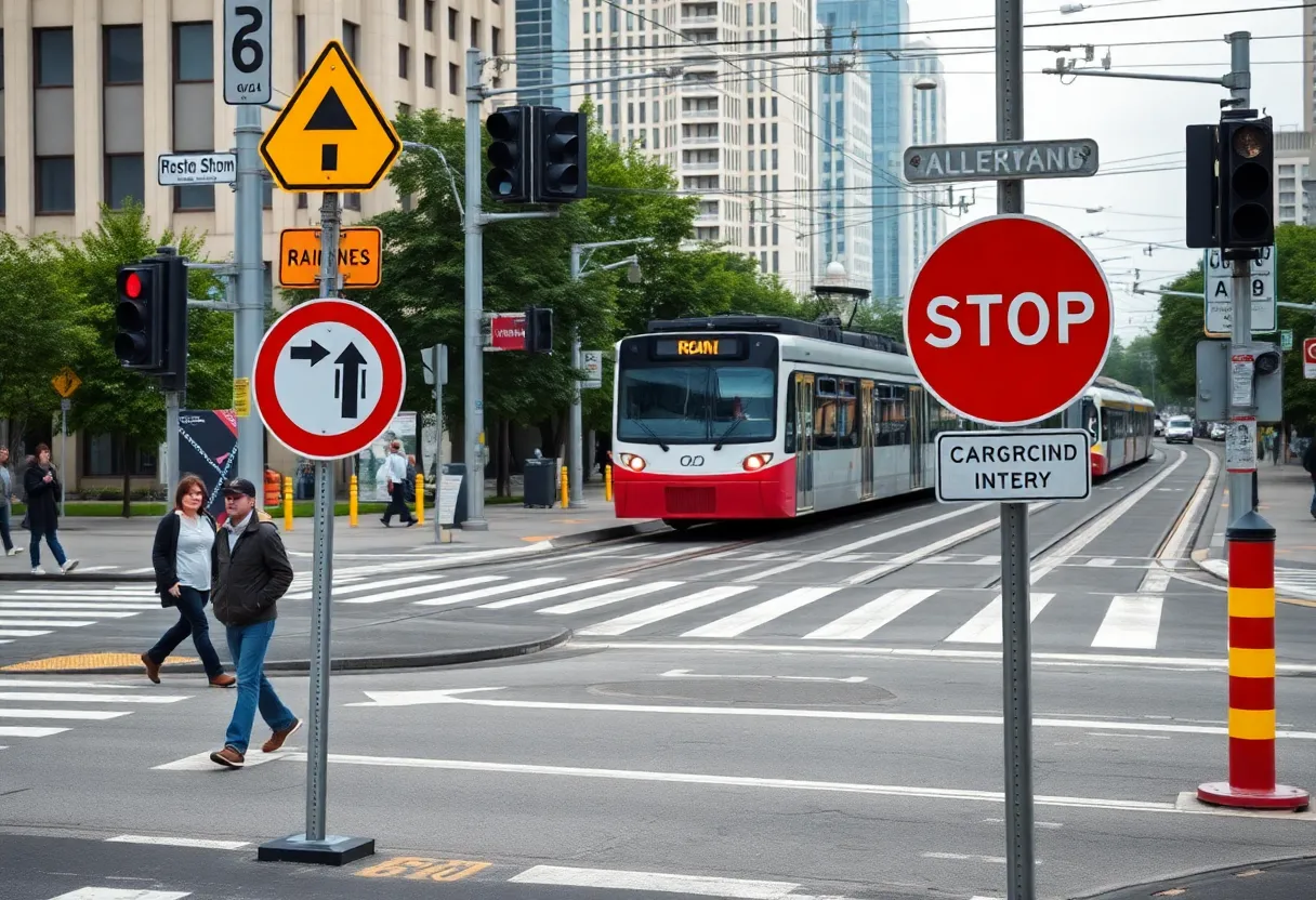 An urban railway crossing with warning signage and pedestrians