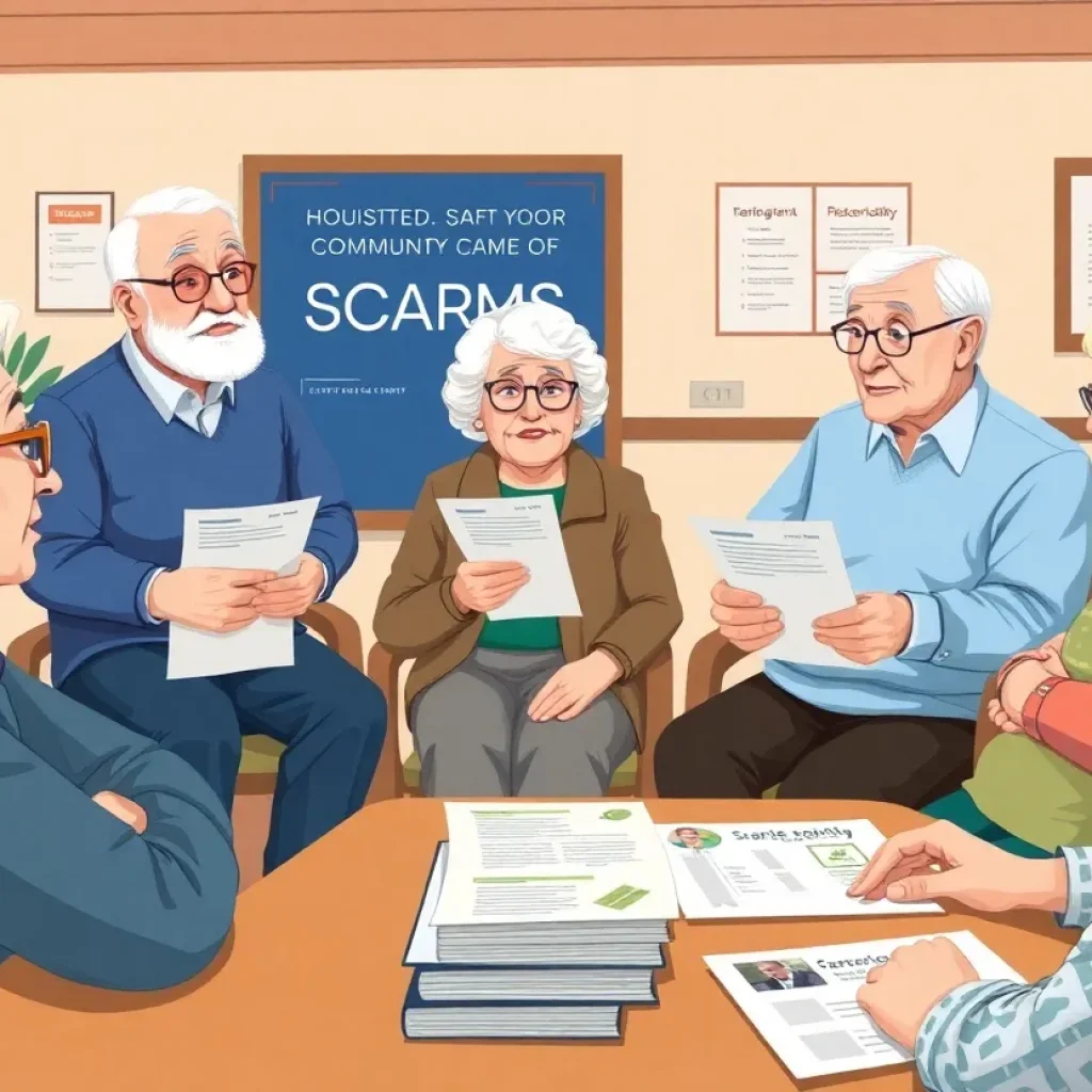 Seniors gathered in a community center discussing scam awareness.
