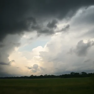 Severe weather approaching Houston with dark clouds and wind