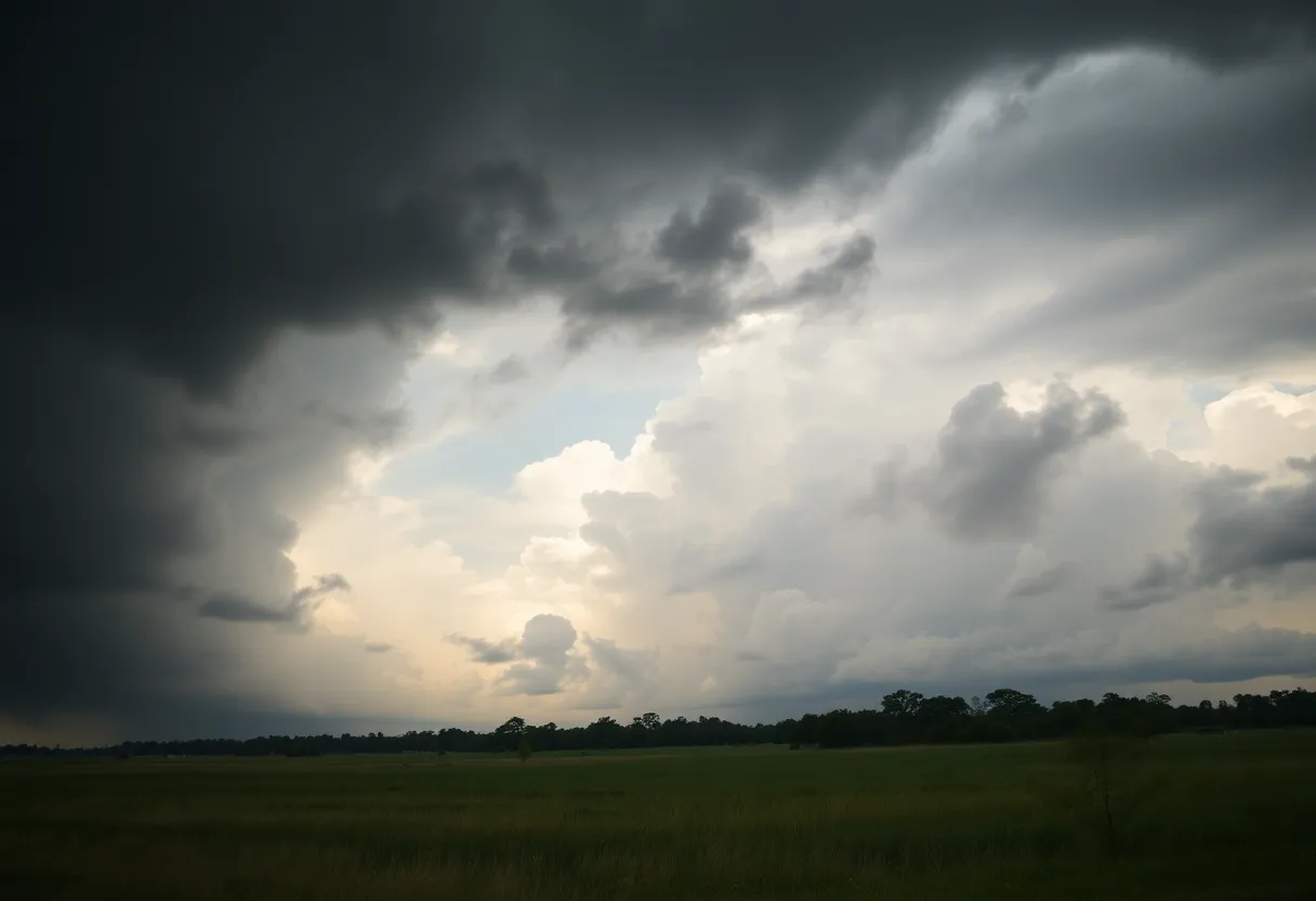 Severe weather approaching Houston with dark clouds and wind