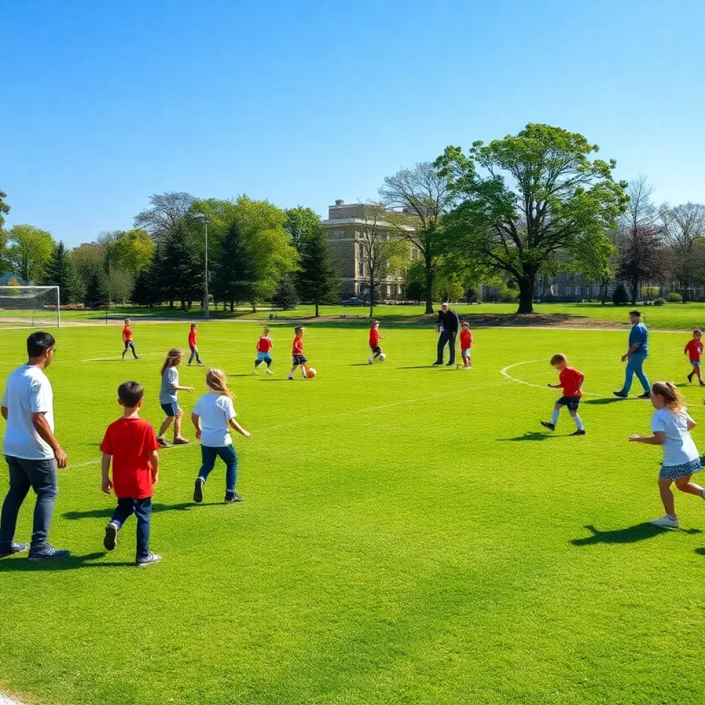 Children practicing soccer at Memorial Park in Houston